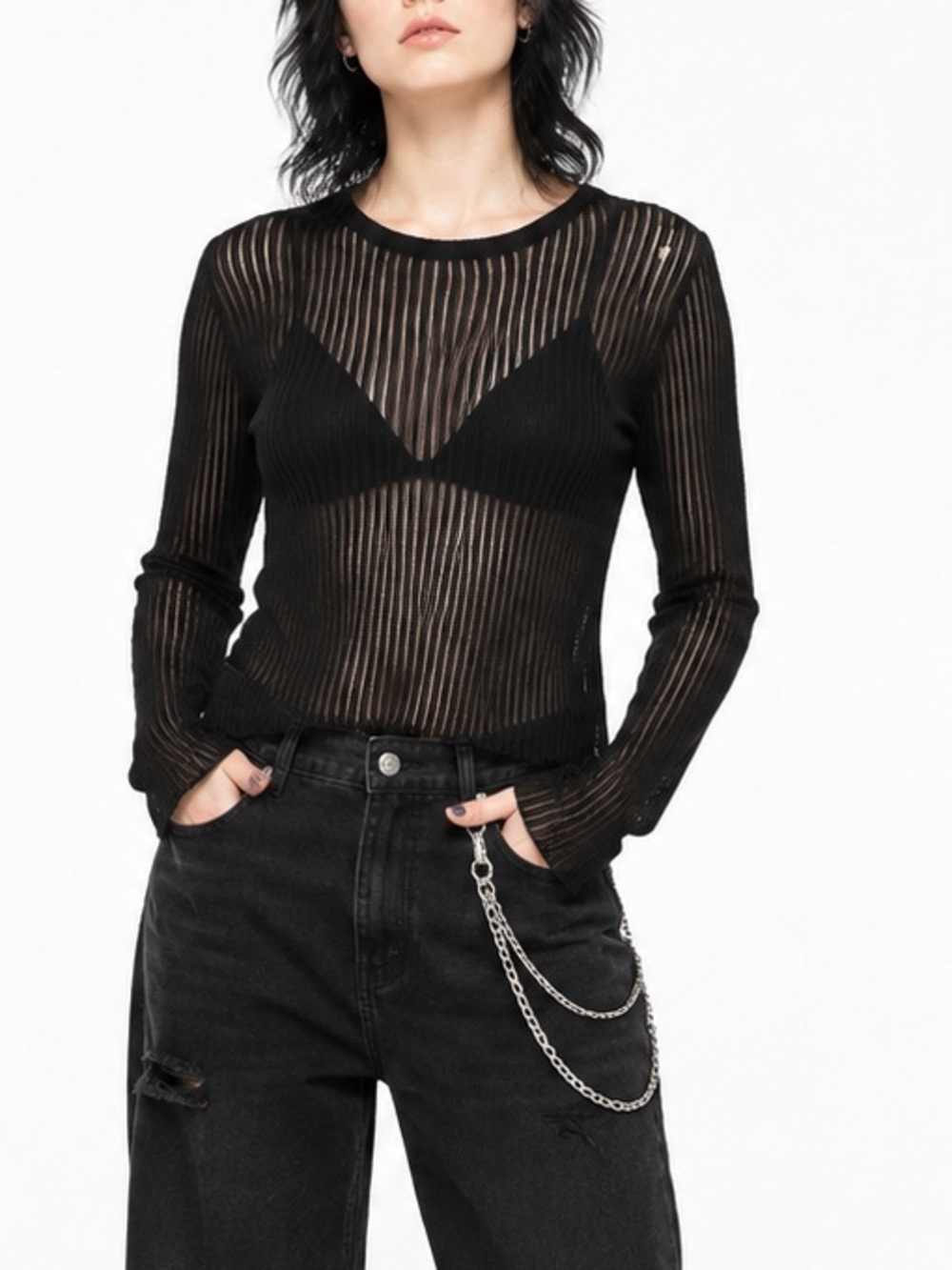 COMMENSE Black Sheer Mesh Long Sleeve Top M Punk Goth Grunge Y2K